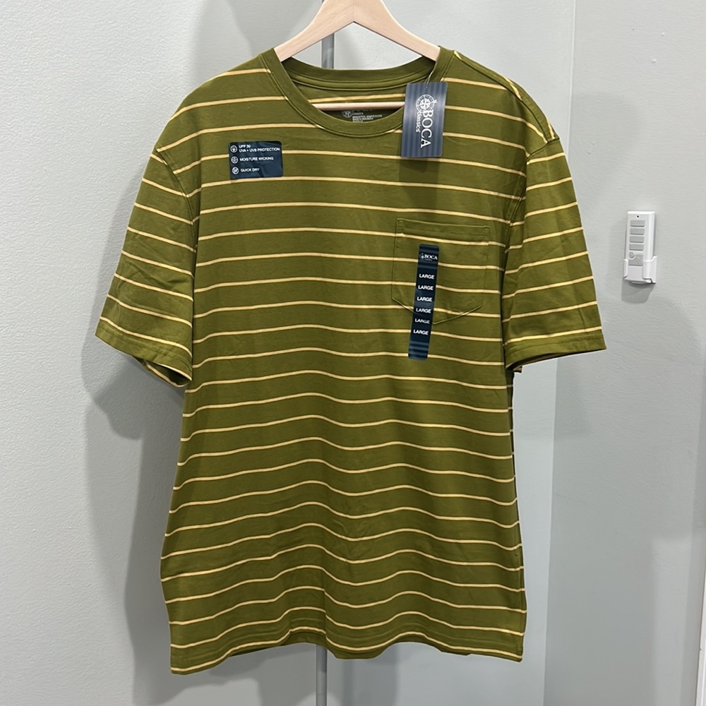 Mens Boca Classics Quick-Dry/UPF Protection Green Striped Pocket Shirt - NWT